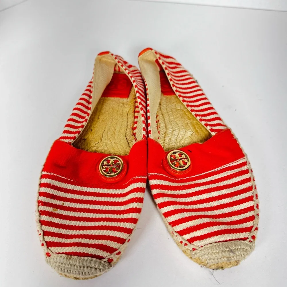 Tory Burch Beacher Striped Canvas Espadrilles Orange White 9